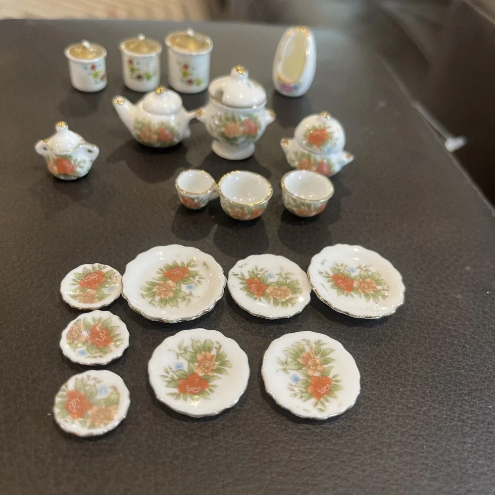 Miniature Tea Set with Flower Design 15‎ Pics, 3 Canister Set Different Design